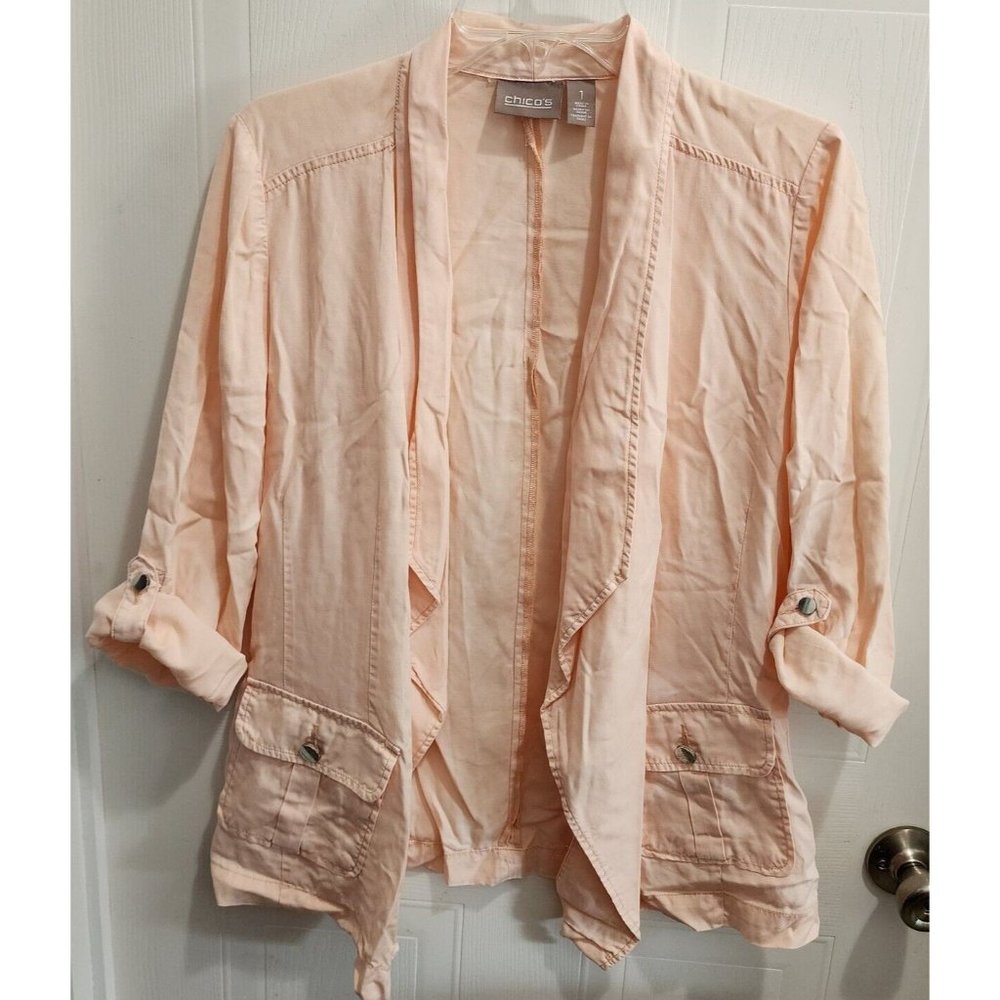 Chico's Women's Open Front Cardigan Jacket Roll Tab Sleeve Pink Lyocell Sz 1 (M)